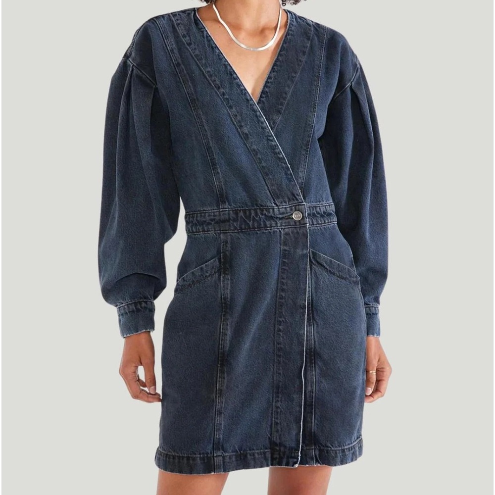 Etica Dark Blue Denim Mira Puff Sleeve Wrap Dress Sz Large